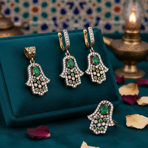 หินมรกตของแท้ออกแบบ Hamsa ชุดขายส่งชุดเงินหัตถกรรมตุรกีแฟชั่นอินเทรนด์ - Product Image 3