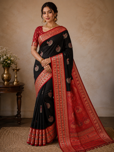 Lightweight Festival Wear Black Silk Saree With Peacock Embroidery <b>Red</b> Border And <b>Blouse</b> For Wedding And Festival Wear - Product Image 4