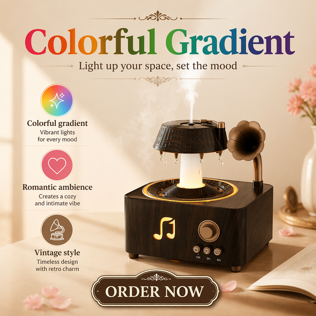 Vintage Record Player Aroma Diffuser Rotating Raindrop Humidifier with BT Speaker White Noise Retro Radio Decor Light for Home