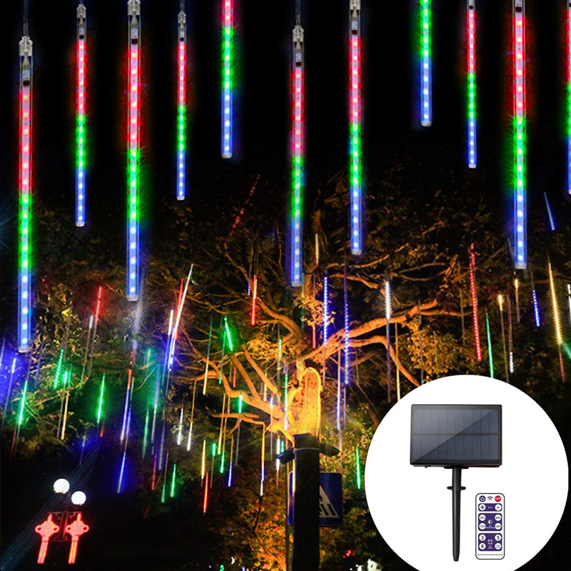 Hongdong Colorful Meteor Shower String Lights 200LEDs Solar Dual Power Outdoor Christmas Decoration