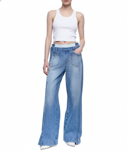 <strong>Pull</strong> <strong>on</strong> Wide Leg Jeans for <strong>Women</strong> Breathable Casual Midi Waist Stretchy Trendy Tummy Control Straight Leg Denim Pants - Product Image 4