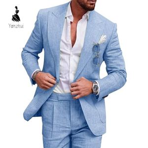 Traje de Dos Piezas YZ de Lino de un Solo Color con un Botón para Hombre, <span class=keywords><strong>Camisa</strong></span> de Manga Larga <span class=keywords><strong>y</strong></span> Pantalones Formales, Talla Grande - Product Image 1