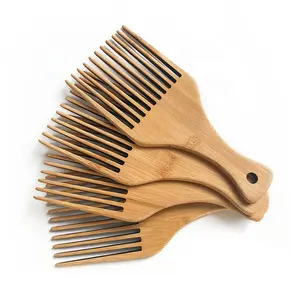 Pente de cabelo de bambu natural, logotipo personalizado, eco-friendly, afros, pente longo de cabelo largo, pente de barba, palito afro de madeira para hotel