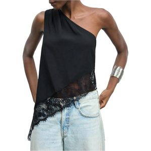 FOXA Débardeur asymétrique à une épaule avec dentelle pour femme, haut d'été sans manches en mousseline respirante - Product Image 1