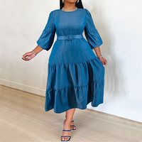 Y21837 Robes en jean grande taille les plus vendues pour femmes, robes décontractées à manches mi-longues, col rond, plissées, avec ceinture