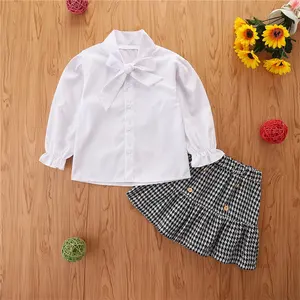 니트 아기 소녀 부티크 의류 세트 흰색 셔츠 + 격자 무늬 스커트 2 조각 드레스 봄과 가을 아기 의류 세트