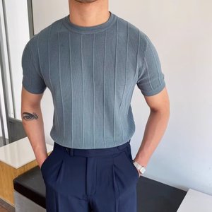Nouveau <span class=keywords><strong>T</strong></span>-<span class=keywords><strong>Shirt</strong></span> d'É<span class=keywords><strong>t</strong></span>é 2025 pour <span class=keywords><strong>Homme</strong></span>, Style Coréen Tendance, <span class=keywords><strong>Coupe</strong></span> Slim, à Manches Courtes avec Col Tricoté, Chemise Décontractée Yuppie - Product Image 1