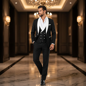 Costume de smoking noir 3 pièces pour homme, blazer à revers châle blanc, gilet croisé, pantalon, costume de mariage, de cérémonie ou de soirée - Product Image 6