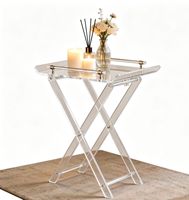 Table basse pliable personnalisée en acrylique transparent avec bordure dorée, poignée intégrée et plateau de service