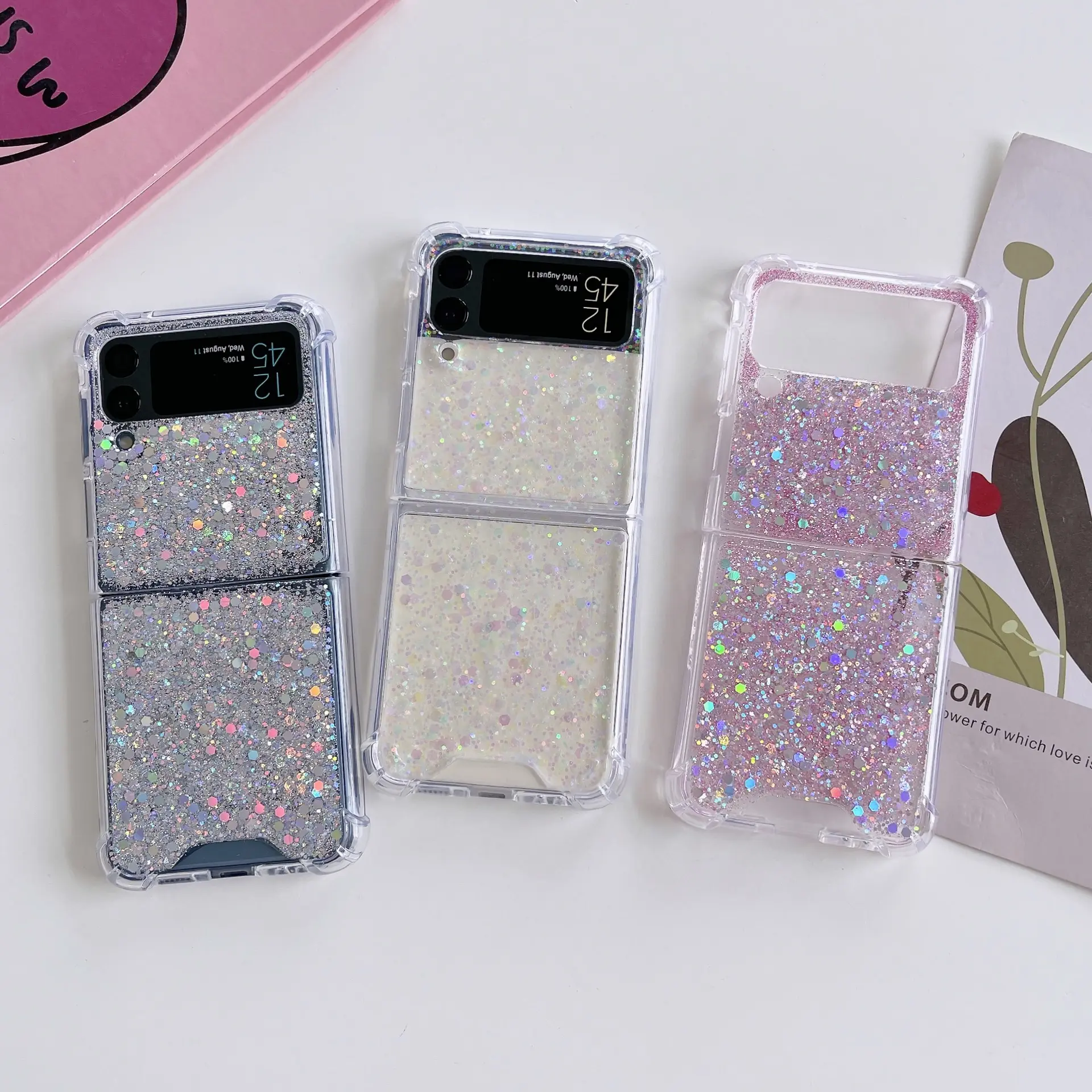 For Samsung Z Flip 3 4 Case Bling Glitter Sequin Transparent Folding Phone Cases For Galaxy Z Flip 3 4 5G Shockproof Cover