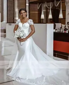 Vestido de casamento estilo sereia africano, vestido de noiva com decote em v, vestido de traje removível, branco, bege