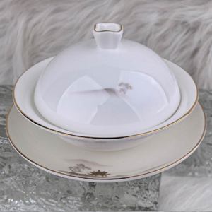 Service de vaisselle en porcelaine blanche avec bord doré, nouveau style chinois, compatible lave-vaisselle, durable, comprenant tasses, bols à soupe, assiettes, plateaux et tasses à thé - Product Image 4