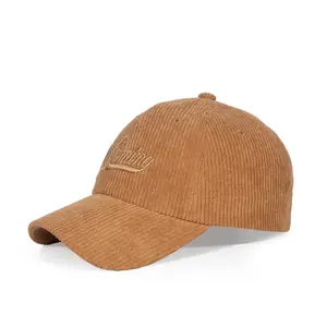 Custom Sport 6 Panel Fitted Corduroy Baseball Cap Structured Embroidery Logo Leather Strap Strap Back Adjustable Dad Hat