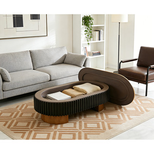 Table basse elliptique pour salon, 43,7 pouces, en placage de bois massif, moderne, avec rangement dissimulé, plateau amovible - Product Image 2