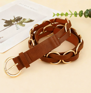 Ceinture élégante 3,8 cm x 105 cm en similicuir suédé marron avec anneaux dorés entrelacés et boucle à plaque pour robes taille haute - Product Image 2