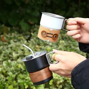 Tasse à café en acier inoxydable 304 avec poignée en bois anti-brûlure, isolation thermique, logo, pour le camping en plein air, les voyages, portable, haute température - Product Image 5