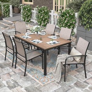 <span class=keywords><strong>Tavolo</strong></span> Rettangolare Moderno PRUNIA in Alluminio con Foro per Ombrellone e 6 <span class=keywords><strong>Sedie</strong></span> con Braccioli, Set da Esterno per Patio, <span class=keywords><strong>Giardino</strong></span> e Veranda - Product Image 1