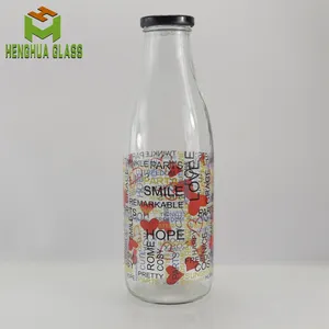 1000ml दौर कांच की बोतल कस्टम लोगो 32oz गिलास दूध की बोतल स्पष्ट रस तरल भंडारण कंटेनर कांच की बोतल के साथ धातु टोपी