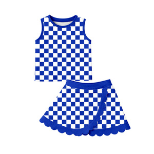 Conjunto de yoga sin mangas para niña, con falda, a cuadros azul marino y borde festoneado dorado, para niñas pequeñas activas, venta al por mayor, GSD4111 CUSTOM - Product Image 5