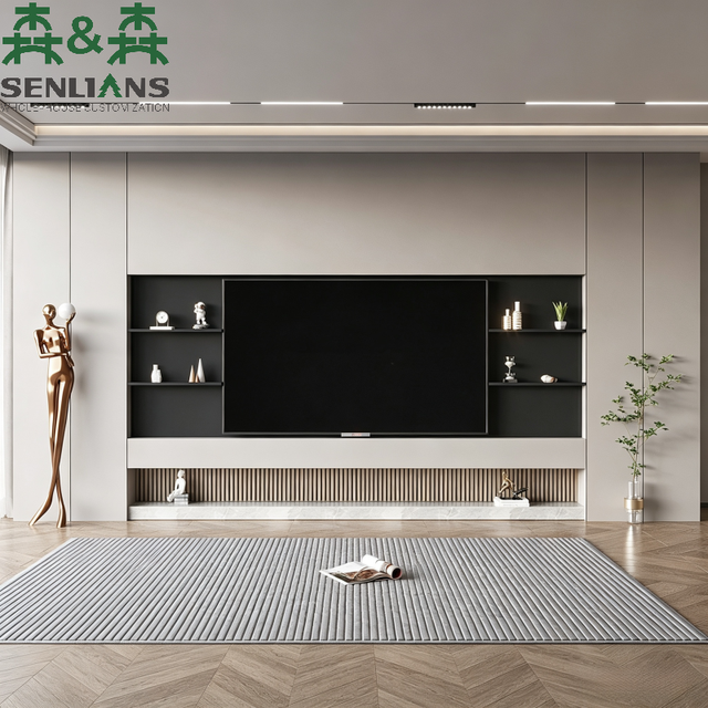 SLS Modern Minimalist Integrated TV Wall Unit Luxury Media Console with Fluted Wood Panels and Marble Base Custom Cabinet