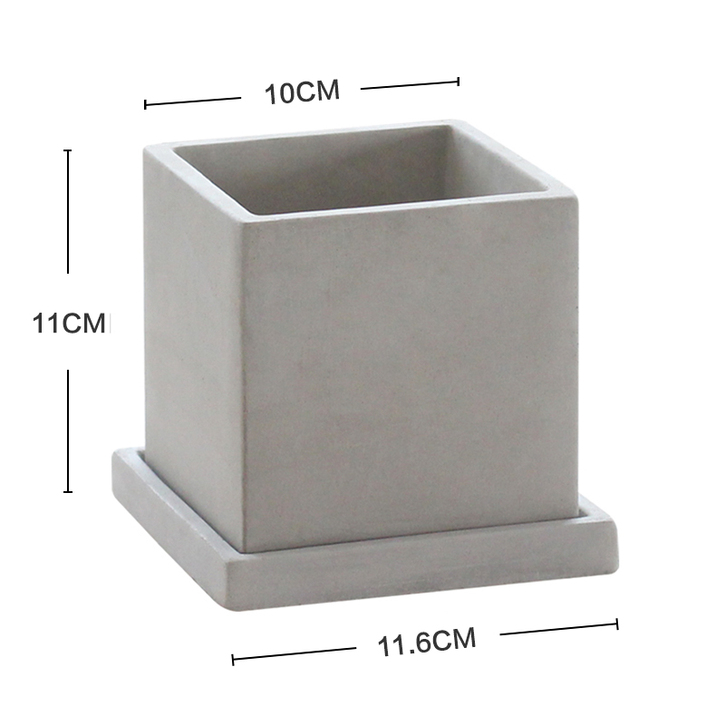 Vaso quadrato grigio da 10 cm con piattino
