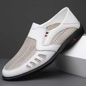 Men's Mesh Casual Slip-On Hollow-Out Perforated Leather <b>Sandals</b> White Soft Leather Summer Shoes Adult Size 40-46 - Product Image 1