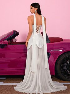 Vestido de novia de satén blanco sin tirantes con borde de cuentas y cola de tul, estilo sirena, para novia, vestido de fiesta de boda. - Product Image 2