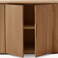 Meuble TV en chêne artisanal de prestige, console à 4 portes à lattes cannelées pour villa de luxe, meuble multimédia, centre de divertissement basse en hauteur