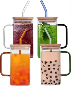 Tasses en verre mignonnes pour le thé et les verres Bouteilles d'eau de camp en verre bon marché Gobelet en verre transparent avec paille et poignée
