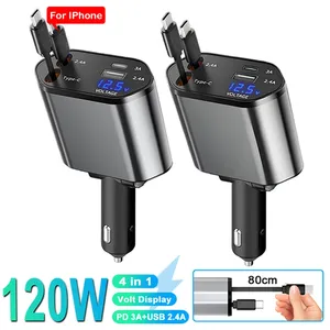 ที่ชาร์จโทรศัพท์ในรถยนต์ 4 in 1 120W Type C 66W+2.4A สายชาร์จแบบยืดหดได้ พร้อมหน้าจอแสดงแรงดันไฟฟ้า สำหรับ iPhone Huawei Samsung - Product Image 1