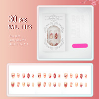 Faux Ongles à Presser en Forme d'Amande, Motif Fraise Douce, 30 Pièces, Faux Ongles 3D Effet Fruité Doré Brillant, en ABS Premium Réutilisables, Application Facile, Vente en Gros