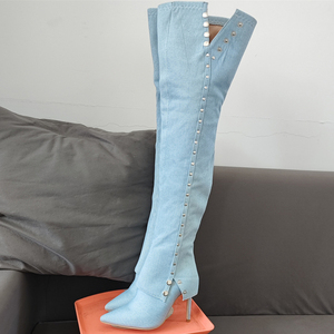 Big Size 47 Women Over the Knee High <b>Boots</b> Dress Slim Heeled Denim Long Booties Sexy Metal Buttons Stiletto Wide Fit Shoes - Product Image 6