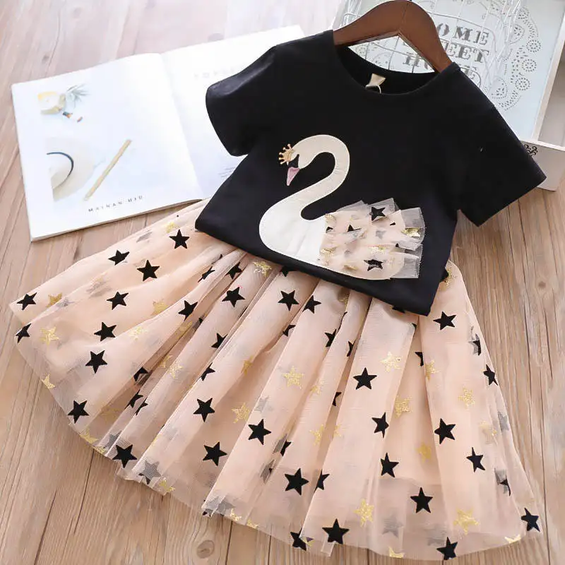 Portable Cartoon Swan One Piece Dress Stylish Girls Summer Suit Princess Skirt