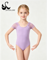 Maillot de Ballet de Manga Corta para Niñas con Hombros Fruncidos de Malla, Spandex Mate, Body de Gimnasia para Niñas con Falda y Cintura Elástica