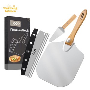 Juego de espátulas para pizza de metal de 12*14 pulgadas con mango de madera plegable, incluye <span class=keywords><strong>pala</strong></span> para voltear pizza, cortador de pizza de aluminio y espátula para servir pasteles - Product Image 1