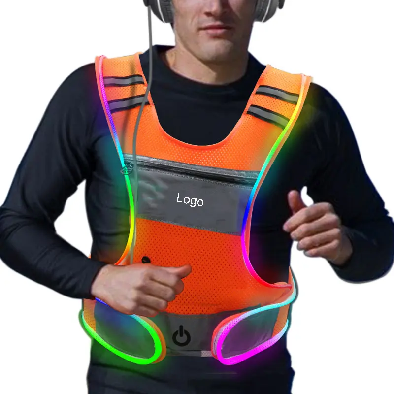 Kunden spezifische Regenbogen farb warnung reflektierende Mountainbike-Fahrgurt USB-Lade-LED-Licht emittierende Weste mit Handy tasche