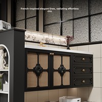Ensemble de meubles de salle de bain intelligents en bois de caoutchouc de style rétro français, avec lavabo en céramique et armoire murale