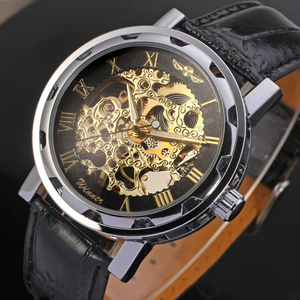 OEM ODM Premium Classic Men's <b>Skeleton</b> Hand-Wind Mechanical <b>Watch</b> Roman Numerals Black Leather Strap Vintage Casual Wristwatch - Product Image 2