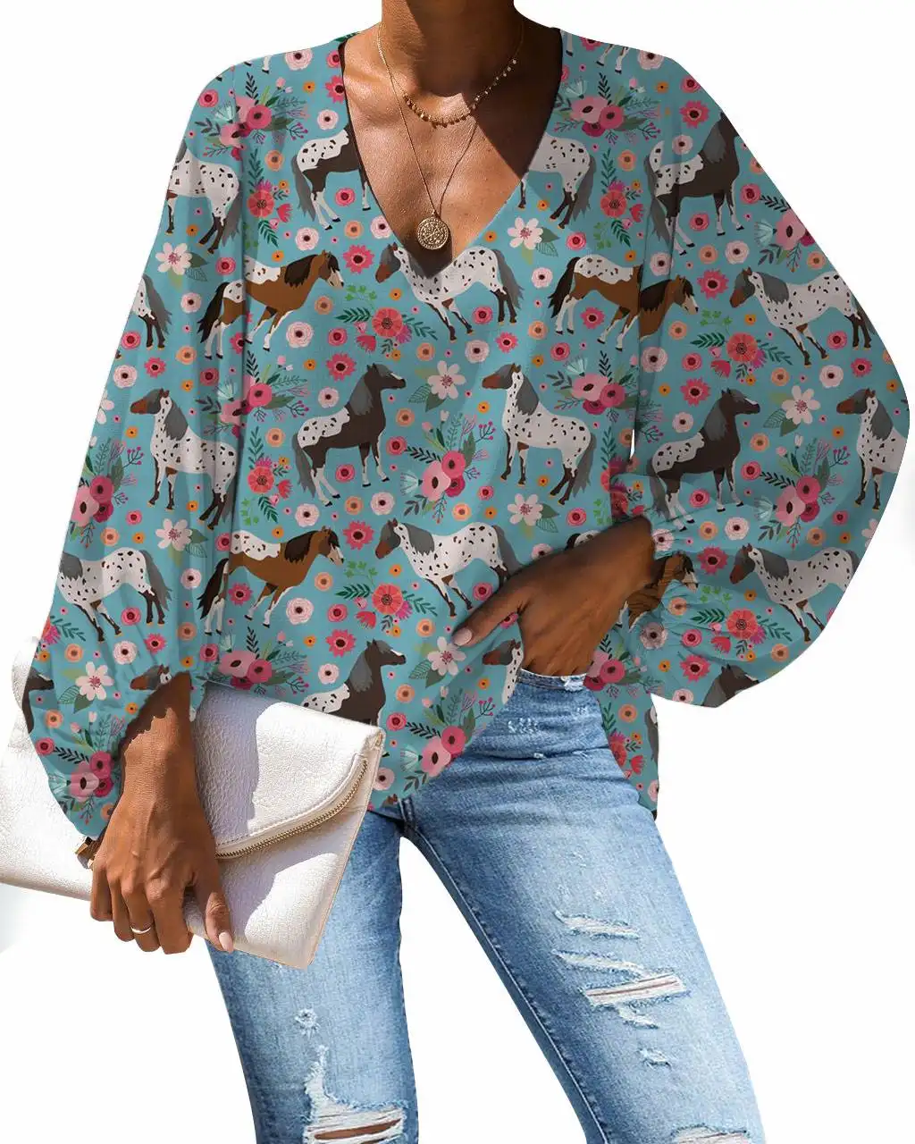 Bir sipariş Appaloosa at çiçek baskı kadın bluzları özel desen yarım kollu v yaka Casual kadın şifon gömlek