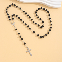 Chapelet de perles noires avec crucifix et médaille de la Vierge Marie en argent, bijoux en alliage, cadeau unisexe pour fête
