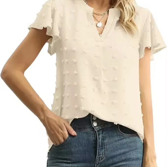 Dames Zomer Tops Casual V-Hals T-Shirts Met Ruches Blouses Met Korte Mouwen, Nette Tuniek