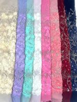 Tissu en velours bio de luxe bleu roi avec broderie florale 3D, appliques, sequins et perles de haute qualité pour la couture de créations pour filles