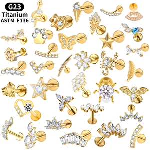 Gold Internal Thread Earrings G23 <strong>Titanium</strong> Alloy Cherry Leaf Lip <strong>Stud</strong> Fashion Women's Style Daily Life Wear Piercing Jewelry - Product Image 1