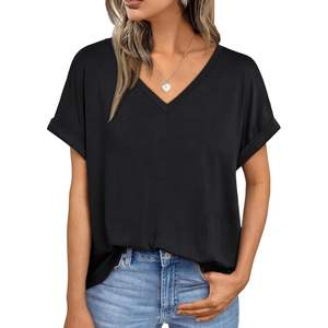 2025 femmes 2025 plaine t-shirts surdimensionné col en V décontracté basique à manches courtes été hauts coupe ample respirant disponible XS XXS - Product Image 1