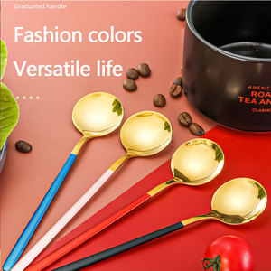 Cuillère en acier inoxydable coréen plaqué or réutilisable 304, pièce avec manche coloré, pour dîner, dessert, thé, café, cuillère à café, cuillère - Product Image 2