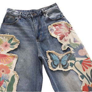 Pantalones Vaqueros Vintage Personalizados al por Mayor para Hombre, Cintura Media, Estilo Globo, Bordado Floral de Mariposas, Parche con Borlas, Pantalones Vaqueros Holgados para Hombre - Product Image 5