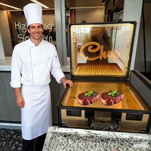 사용자 정의 로고 접이식 <span class=keywords><strong>LED</strong></span> 조명 거울 쇠고기 여행 가방 나이트 클럽 고기 캐리어 서류 가방 스테이크 영광 디스플레이 케이스 마이애미 비치 - Product Image 1