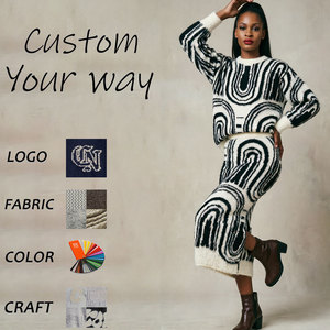 Completo Due Pezzi in Maglia per Donna, Nero e Bianco con Stampa Geometrica Curva, Gonna Midi a Pelo Lungo, Stile Casual Retrò - Product Image 1
