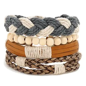 Skerwal Jewelry 4Pcs Fashion Sailor Knot Cotton Rope Bracelet Wood Bead PU Leather Stacked Wrap Bracelet Set