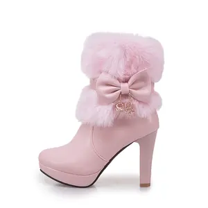 2023 Winter Women's Fashion High Heel Boots Pink White Black Fur Tassel Bowtie Lorita Women'